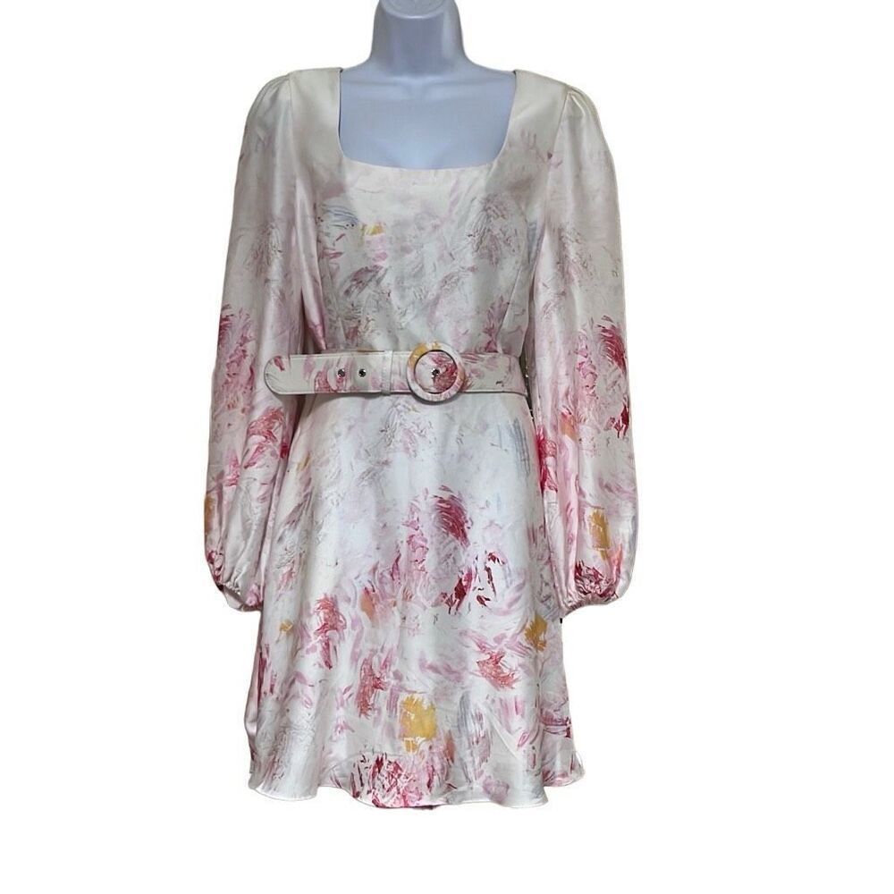 BCBG Maxazria Pink White Floral Satin Mini Dress Belted Pockets NWT 16 $348 MSRP